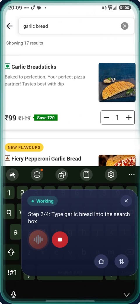 EchoFlow replaying: Step 2 of 4, type garlic bread into the search box